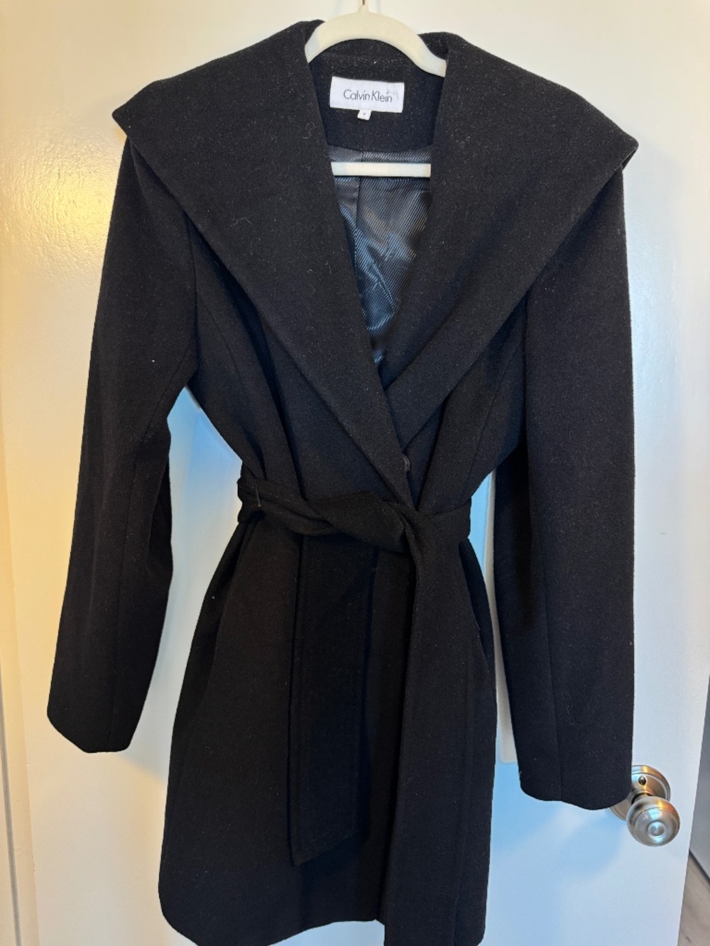 Calvin Klein black wool wrap coat size 8